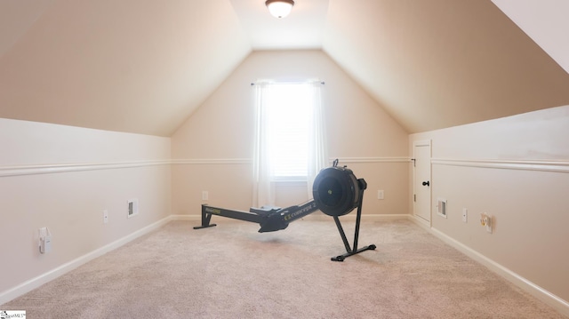 354 Harkins Bluff Dr, Greer, SC 29651 - workout area featuring carpet flooring and lofted ceiling