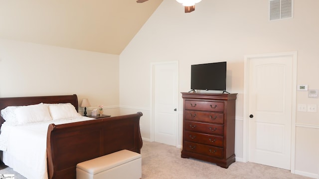 354 Harkins Bluff Dr, Greer, SC 29651 - bedroom with light colored carpet, high vaulted ceiling, and ceiling fan