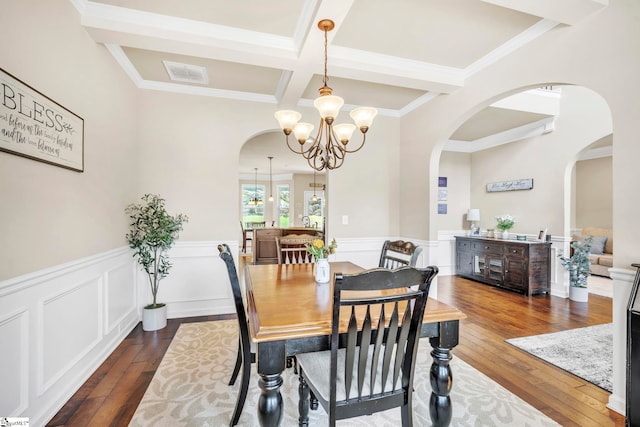 354 Harkins Bluff Dr, Greer, SC 29651 - dining area with arched walkways, wood-type flooring, a chandelier, coffered ceiling, and beamed ceiling