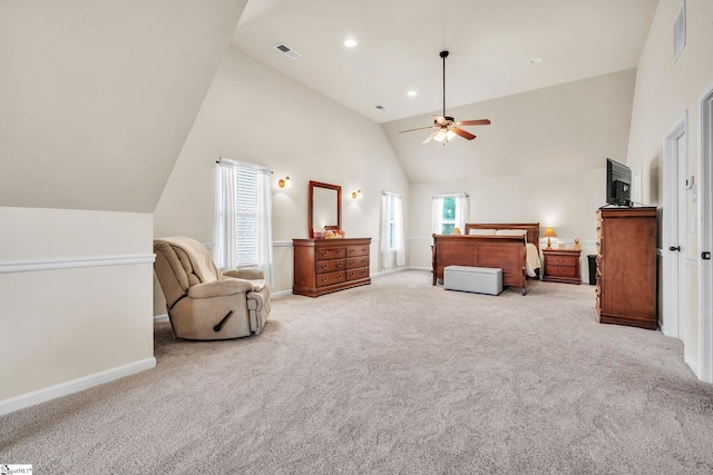 354 Harkins Bluff Dr, Greer, SC 29651 - carpeted bedroom with high vaulted ceiling and ceiling fan