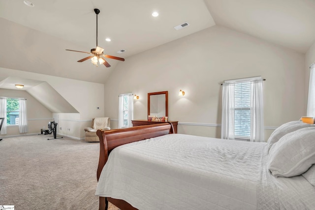 354 Harkins Bluff Dr, Greer, SC 29651 - bedroom featuring vaulted ceiling, multiple windows, carpet flooring, a ceiling fan, and recessed lighting