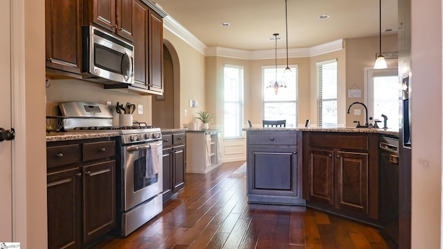 354 Harkins Bluff Dr, Greer, SC 29651 - kitchen featuring appliances with stainless steel finishes, dark wood-style floors, ornamental molding, dark brown cabinets, and a peninsula