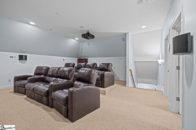 201 Corinthian Dr, Simpsonville, SC 29681 - home theater featuring carpet flooring, lofted ceiling, recessed lighting, and baseboards