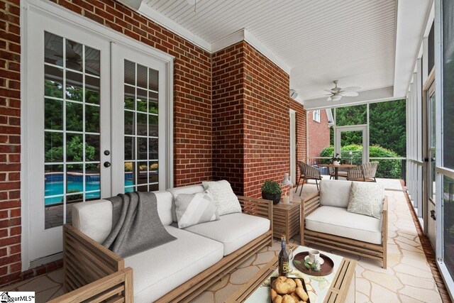 201 Corinthian Dr, Simpsonville, SC 29681 - sunroom featuring french doors, ceiling fan, and an outdoor living space