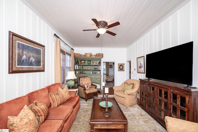 102 Todd Ave, Laurens, SC 29360 - living area featuring ceiling fan, wooden ceiling, and ornamental molding