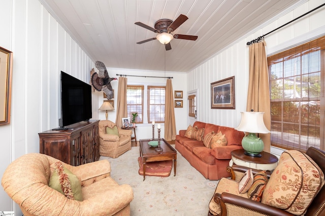 102 Todd Ave, Laurens, SC 29360 - living room with ceiling fan and wood ceiling
