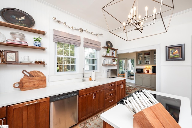 102 Todd Ave, Laurens, SC 29360 - kitchen featuring stainless steel appliances, a sink, open shelves, light countertops, and ornamental molding