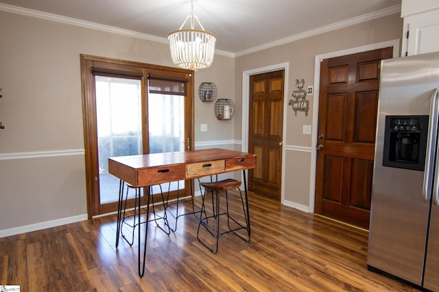 202 Centerpointe Rd, Belton, SC 29627 - dining area featuring a chandelier, dark wood finished floors, crown molding, baseboards, and an office area
