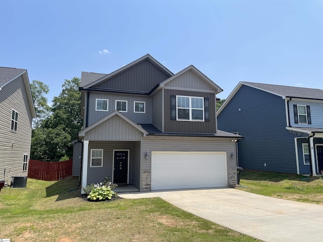 203 Rosewood Cir, Duncan, SC 29334 - craftsman inspired home with board and batten siding, a garage, concrete driveway, cooling unit, and stone siding