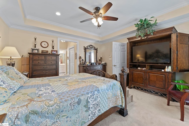 105 Garden View Ct, Piedmont, SC 29673 - bedroom with light colored carpet, a raised ceiling, ornamental molding, a ceiling fan, and ensuite bath