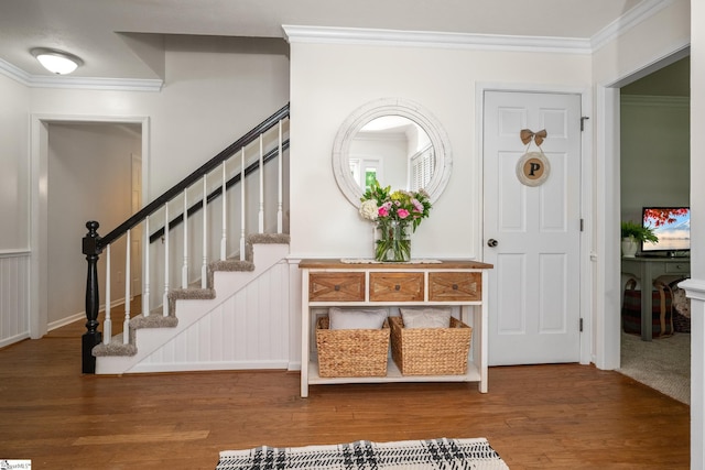 101 Shagbark Cir, Simpsonville, SC 29680 - foyer featuring crown molding, wood finished floors, and stairs