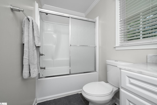 101 Shagbark Cir, Simpsonville, SC 29680 - bathroom featuring shower / bath combination with glass door, toilet, ornamental molding, and vanity