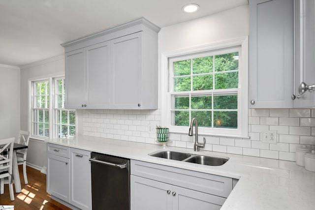 101 Shagbark Cir, Simpsonville, SC 29680 - kitchen featuring stainless steel dishwasher, a sink, decorative backsplash, crown molding, and dark wood-type flooring