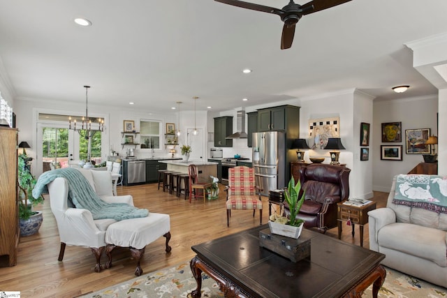 208 Deer Thicket Way, Taylors, SC 29687 - living area with ceiling fan, crown molding, light wood finished floors, recessed lighting, and a chandelier