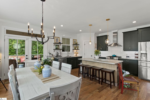208 Deer Thicket Way, Taylors, SC 29687 - dining room with ornamental molding, dark wood-style flooring, a chandelier, recessed lighting, and french doors