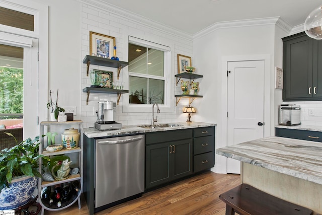208 Deer Thicket Way, Taylors, SC 29687 - kitchen with a sink, stainless steel dishwasher, open shelves, backsplash, and dark wood-type flooring