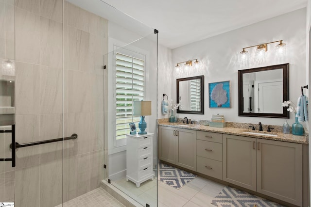 208 Deer Thicket Way, Taylors, SC 29687 - bathroom featuring double vanity, tile patterned floors, and a tile shower