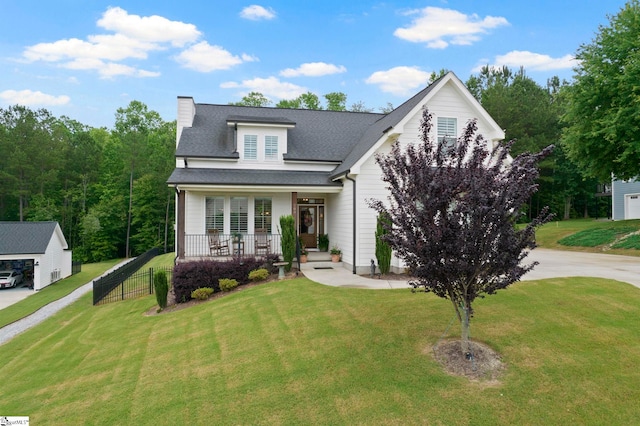 208 Deer Thicket Way, Taylors, SC 29687 - view of front of property featuring a porch, a front lawn, driveway, a chimney, and roof with shingles