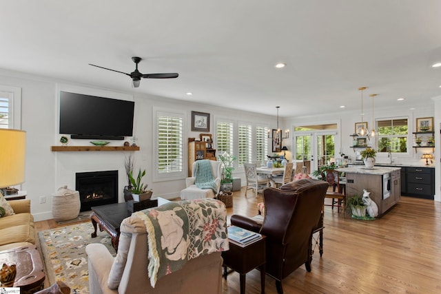 208 Deer Thicket Way, Taylors, SC 29687 - living area with crown molding, a warm lit fireplace, healthy amount of natural light, a ceiling fan, and light wood-type flooring
