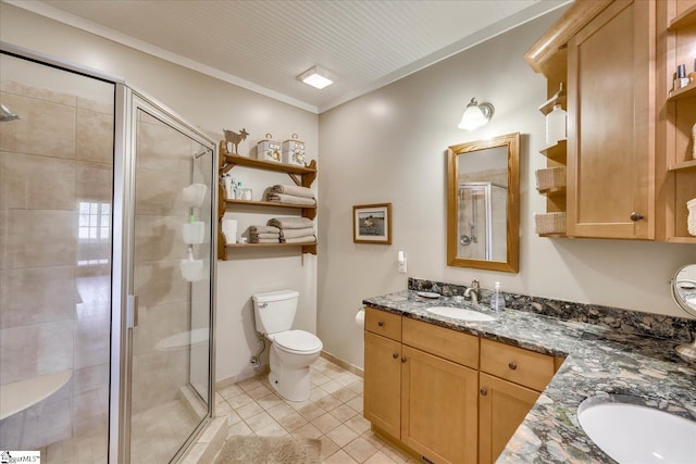 2164 Loncolnton Hwy, Elberton, GA 30635 - bathroom featuring vanity, toilet, a stall shower, tile patterned floors, and crown molding