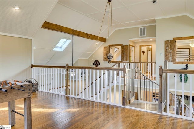 2164 Loncolnton Hwy, Elberton, GA 30635 - corridor with lofted ceiling, an upstairs landing, wood finished floors, and a skylight