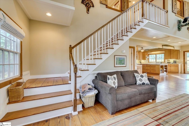 2164 Loncolnton Hwy, Elberton, GA 30635 - staircase with hardwood / wood-style flooring, a towering ceiling, baseboards, and recessed lighting