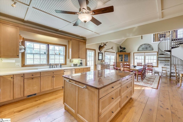 2164 Loncolnton Hwy, Elberton, GA 30635 - kitchen featuring a sink, light wood-style flooring, stainless steel dishwasher, a ceiling fan, and a kitchen island