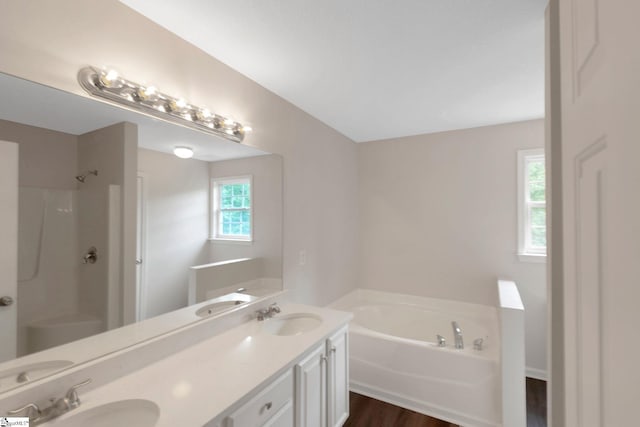 4 Dade Ct, Taylors, SC 29687 - bathroom featuring a garden tub, double vanity, a shower, and wood finished floors