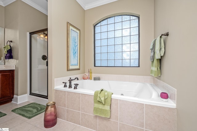 225 Chickadee Trl Unit B, Easley, SC 29642 - bathroom with vanity, a bath, ornamental molding, a shower stall, and tile patterned flooring