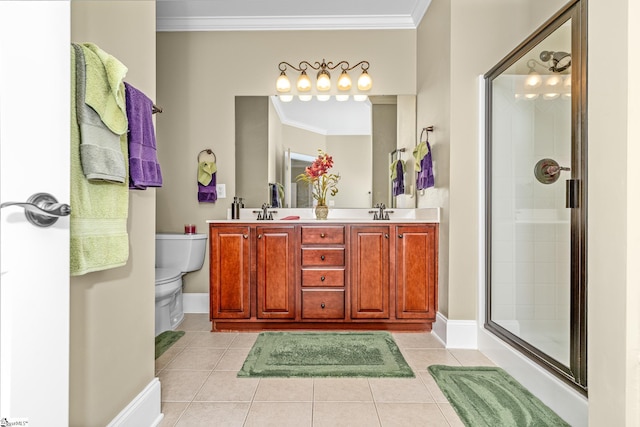 225 Chickadee Trl Unit B, Easley, SC 29642 - full bath featuring ornamental molding, a stall shower, toilet, tile patterned floors, and double vanity