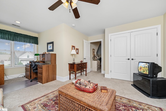 225 Chickadee Trl Unit B, Easley, SC 29642 - living room with light carpet, ceiling fan, an office area, and baseboards