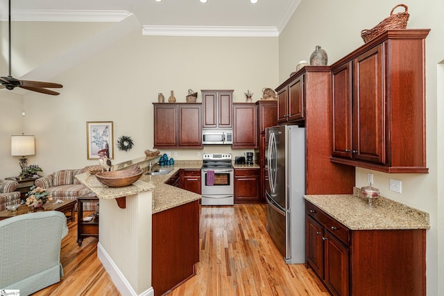 225 Chickadee Trl Unit B, Easley, SC 29642 - kitchen with appliances with stainless steel finishes, open floor plan, a sink, a peninsula, and light wood finished floors