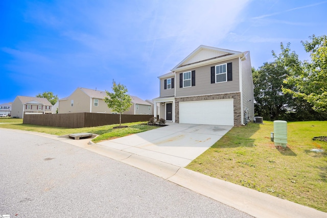 1305 Ledsham Ct, Greer, SC 29651 - traditional-style house featuring an attached garage, concrete driveway, central air condition unit, stone siding, and a residential view