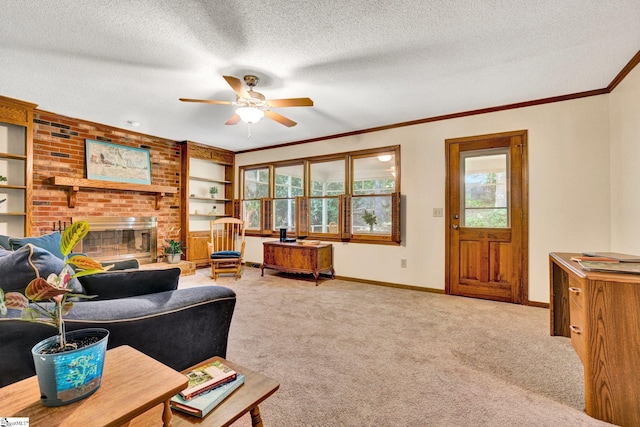 1107 Willow Branch Dr, Simpsonville, SC 29680 - living room with light colored carpet, a ceiling fan, baseboards, a fireplace, and a textured ceiling