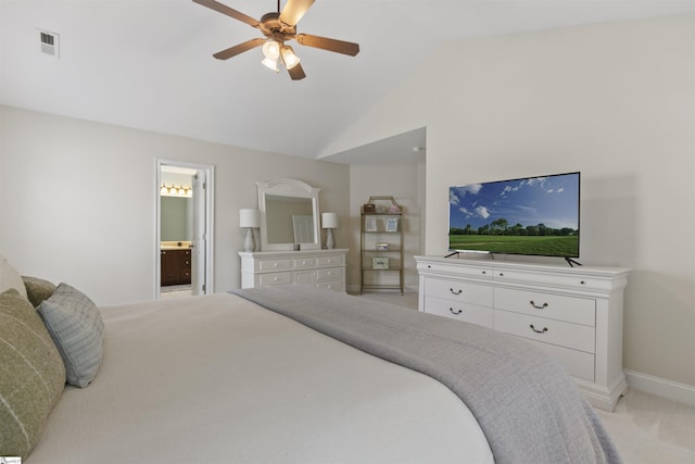 125 Saxon Falls Ct, Greenville, SC 29607 - bedroom with light colored carpet, lofted ceiling, baseboards, ensuite bath, and ceiling fan