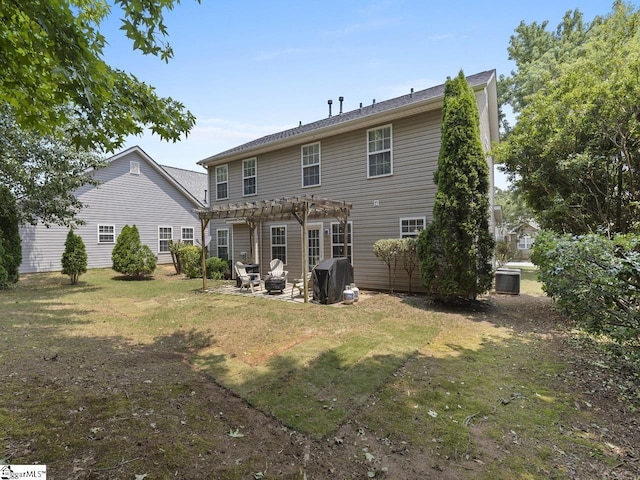 125 Saxon Falls Ct, Greenville, SC 29607 - rear view of house featuring a pergola, a patio, a lawn, and central AC