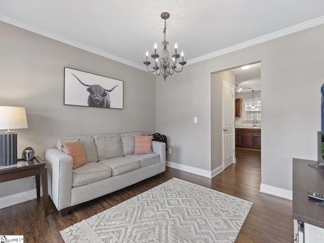 125 Saxon Falls Ct, Greenville, SC 29607 - living area with baseboards, dark wood-style floors, crown molding, and a chandelier