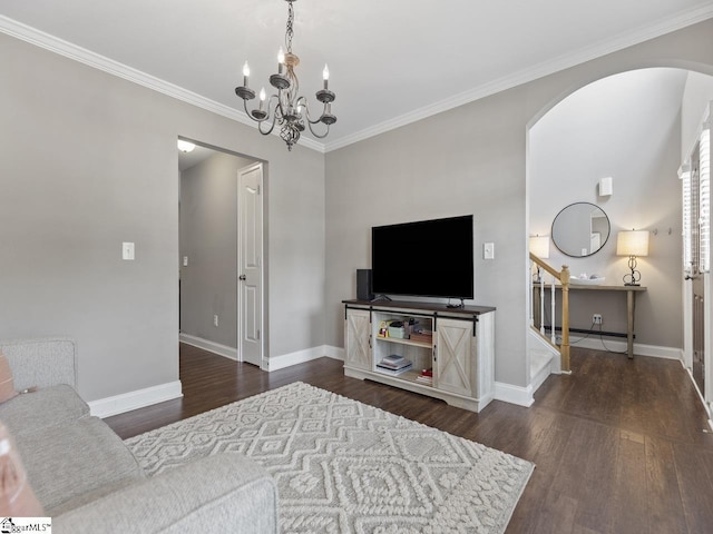 125 Saxon Falls Ct, Greenville, SC 29607 - living area with arched walkways, dark wood-style floors, baseboards, a chandelier, and stairs