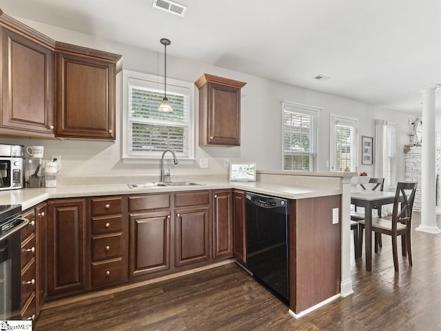 125 Saxon Falls Ct, Greenville, SC 29607 - kitchen featuring black dishwasher, a sink, a peninsula, dark wood-style floors, and light countertops