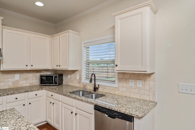 101 Kings Heath Ln, Simpsonville, SC 29680 - kitchen with a sink, appliances with stainless steel finishes, white cabinets, and ornamental molding