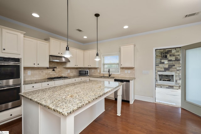 101 Kings Heath Ln, Simpsonville, SC 29680 - kitchen featuring appliances with stainless steel finishes, a sink, under cabinet range hood, a kitchen breakfast bar, and backsplash