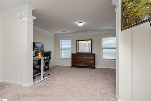 101 Kings Heath Ln, Simpsonville, SC 29680 - office with carpet, baseboards, ornate columns, and crown molding