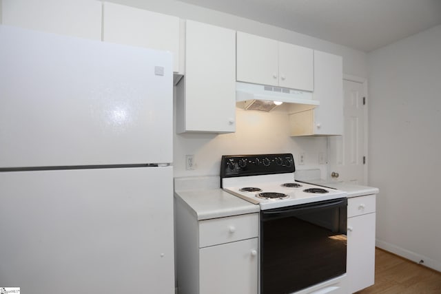 7 Pergola Pl, Simpsonville, SC 29680 - kitchen with white appliances, under cabinet range hood, light countertops, white cabinetry, and light wood-type flooring