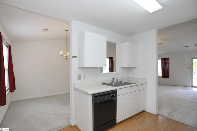 7 Pergola Pl, Simpsonville, SC 29680 - kitchen featuring black dishwasher, a sink, light countertops, white cabinets, and light carpet