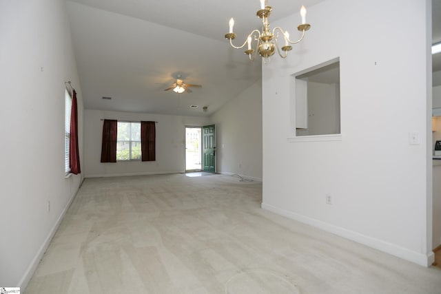 7 Pergola Pl, Simpsonville, SC 29680 - unfurnished room with baseboards, light colored carpet, a chandelier, and a ceiling fan