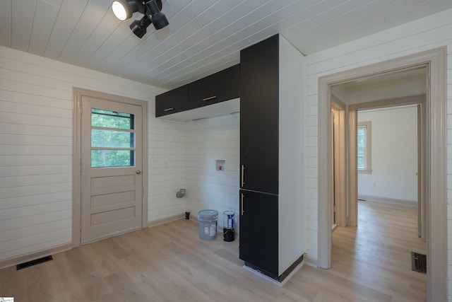 32 Essex Ct, Greenville, SC 29609 - laundry room featuring light wood-style flooring, wooden walls, hookup for a washing machine, and ceiling fan
