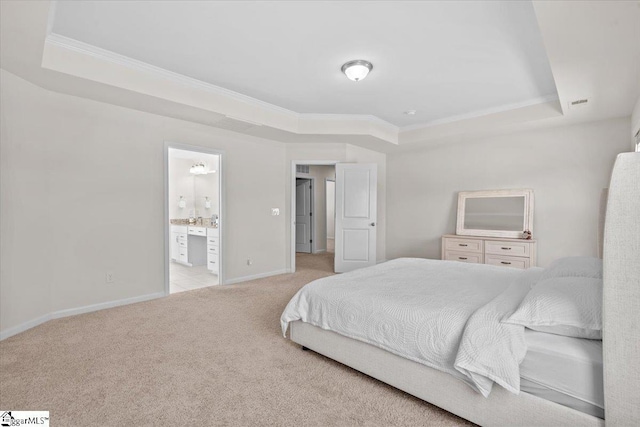 466 Fox Run Trl, Woodruff, SC 29388 - bedroom with a raised ceiling, ornamental molding, carpet, baseboards, and ensuite bathroom