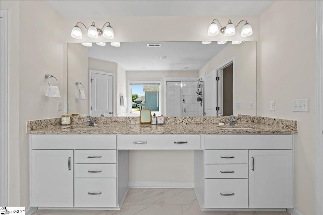 466 Fox Run Trl, Woodruff, SC 29388 - bathroom featuring double vanity, a shower stall, and marble finish floors
