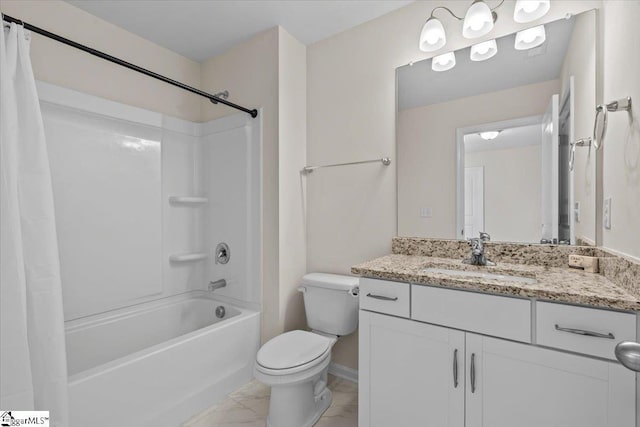 466 Fox Run Trl, Woodruff, SC 29388 - bathroom featuring vanity, shower / bath combo, toilet, marble finish flooring, and baseboards