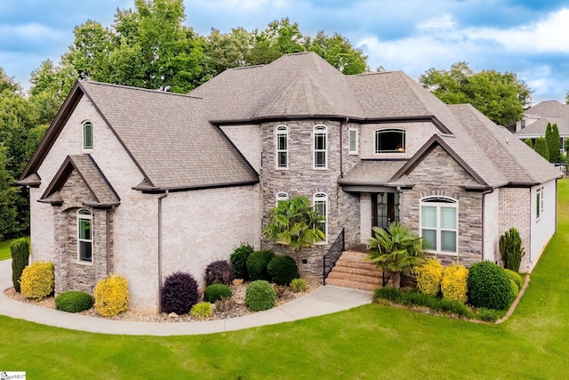 740 N Alamosa Dr, Boiling Springs, SC 29316 - french country home with a front lawn, a shingled roof, stone siding, and brick siding